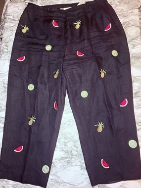 Talbots Women Black Embroidered Fruit Irish linen 16 W Plus
